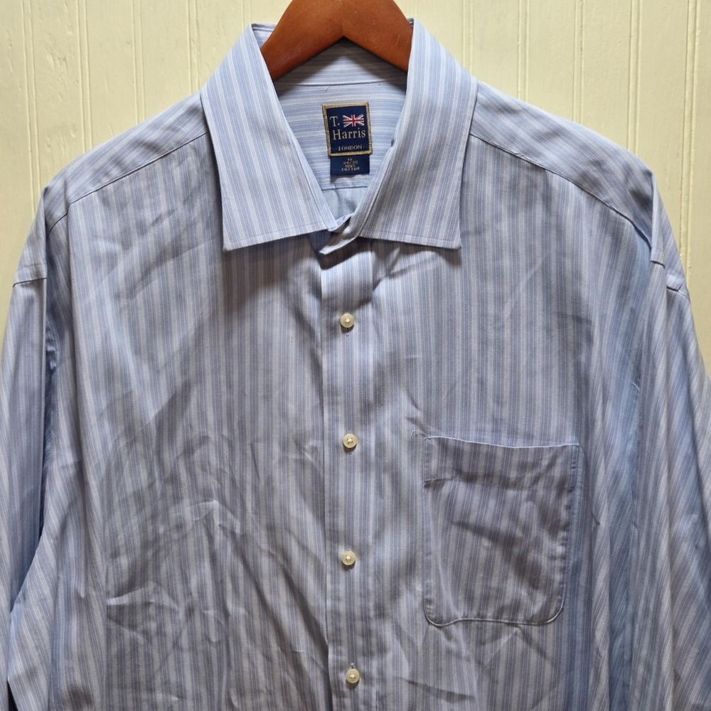 T. Harris Dress Shirt Mens 18 34/35 Blue Stripe Cotton London‎ Long Sleeve